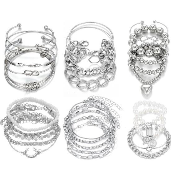 6 PACK (24 PCS) Boho Silver Chain Bracelets Set for Women, Bangles, Stackables - Picture 1 of 6